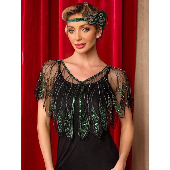 Women's Sequin Beaded 1920s Shawl Wrap Flapper Evening Party Dress Accent - Picture 4 of 6